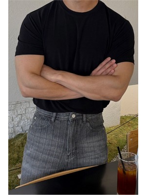 Tarz Cool Erkek Slim Fit Dar Kesim %100 Pamuklu Basic Örme Siyah T-Shirt