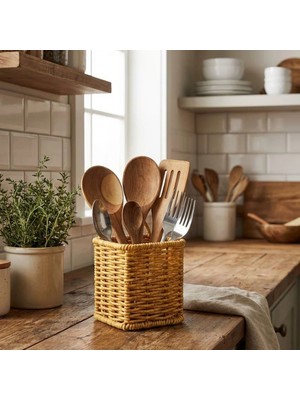 Mey Ithalat® Kare Hasır Dokulu Plastik Rattan Kaşıklık & Çatallık – Askılı Kendiliğinden Tutmalı Ç