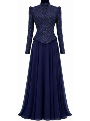 Olcay Boncuk ve Pul Bezeli Şifon Kombinli Exclusive Tesettür Abiye Elbise LACİVERT 1065