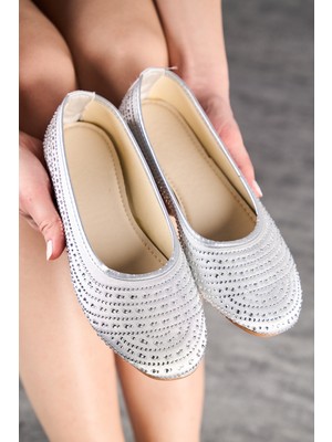 Günlük Altın Kadın Babet Oval Burun Gümüş Taşlı Saten Ortopedik Hafif Ev Iş Ofis Ayakkabı 38