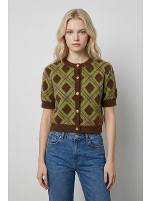 Qoolest Kadın Kısa Kollu Ekoseli Yumuşak Dokulu Crop Triko Hırka