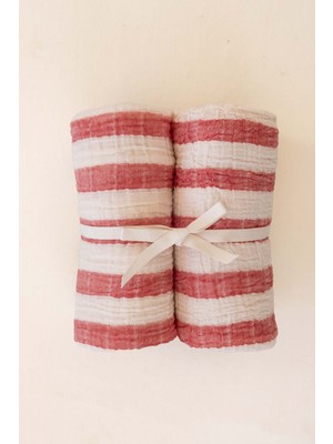 Barine Çizgili İnce Müslin Bebek Örtüsü 2'li Set 80x80 cm Kırmızı