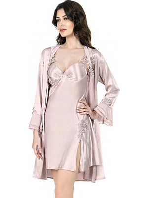 Ahu Dantel Aplikeli Saten Kısa Gecelik Sabahlık Takım | Pudra 7623