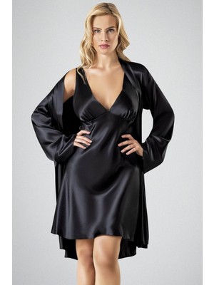 Ahu Kadın Saten Mini Gecelik Sabahlık Takım | Siyah  7707