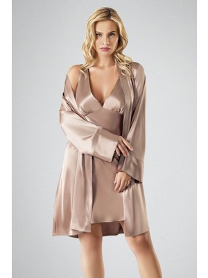 Ahu Kadın Saten Mini Gecelik Sabahlık Takım | Vizon 7707