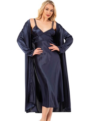 Ahu Kadın Saten Dantel Detaylı Midi Gecelik Sabahlık Takım | Lacivert 7833