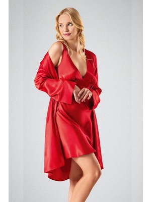 Ahu Kadın Saten Mini Gecelik Sabahlık Takım | Kırmızı 7707