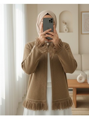 Modamorfo Tek Düğmeli Saçaklı Yumoş Triko Hırka  -Vizon