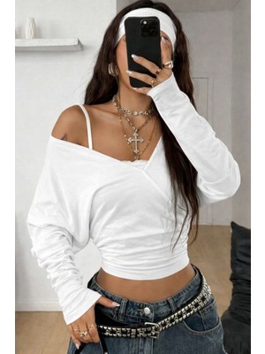 Tarz Cool Kadın Gri Kruvaze Yaka Uzun Kollu Crop Bluz