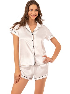 Ahu Kadın Saten Biyeli Kısa Kol Şortlu Pijama Takım | Ekru 7847