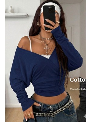 Tarz Cool Kadın Gri Kruvaze Yaka Uzun Kollu Crop Bluz