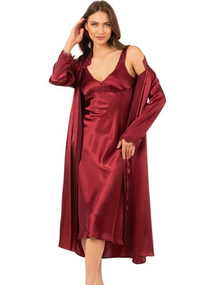 Ahu Kadın Saten Dantel Detaylı Midi Gecelilk Sabahlık Takım | Bordo 7837