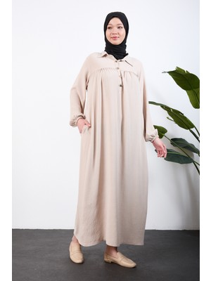 Oktayusta Collection Önü Yarım Pat Düğmeli Gömlek Yaka Robalı Mevlana Elbise Bej
