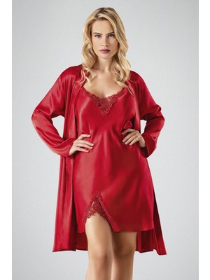 Ahu Kadın Saten Dantelli Yırtmaç Detay Mini Gecelik Sabahlık Takım | Kırmızı 7710