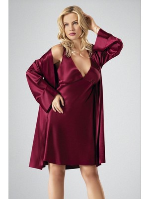 Ahu Kadın Saten Mini Gecelik Sabahlık Takım | Bordo 7707