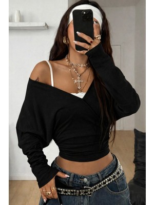 Tarz Cool Kadın Gri Kruvaze Yaka Uzun Kollu Crop Bluz