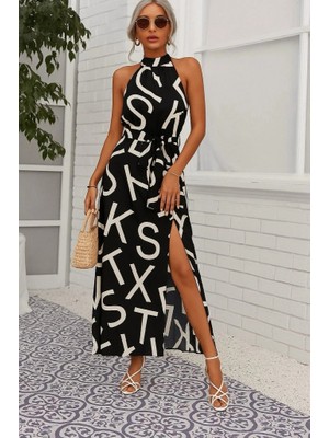 Veralya Kadın Omuzlardan Açık Halter Yakalı Yırtmaçlı Çiçek Desenli Süprem Elbise