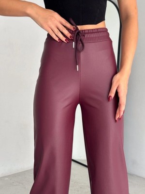 Veralya Yüksek Bel Geniş Paça Içi Şardonlu Deri Pantolon.