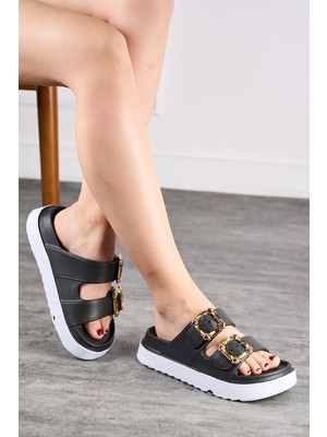 Nstil Günlük Kadın Terlik Çift Tokalı Metal Detaylı Yumuşak Rahat Hafif Ortopedik Taban E-474