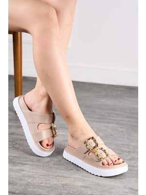 Nstil Günlük Kadın Terlik Çift Tokalı Metal Detaylı Yumuşak Rahat Hafif Ortopedik Taban E-474