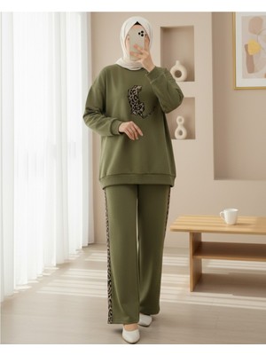 Modamorfo Leopar Figürlü ve Desenli Pantolonlu Scuba Takım  -Zeytin