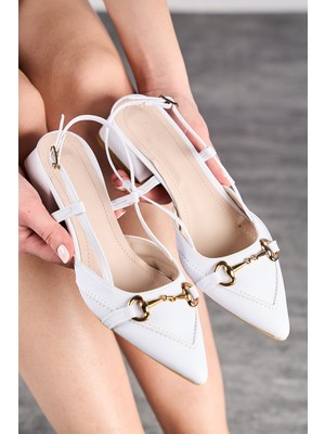 Nstil Günlük Kadın Babet Kalın Kısa Topuklu Sivri Burunlu Ayarlanabilir Tokalı Arkası Açık Ayakkabı 456