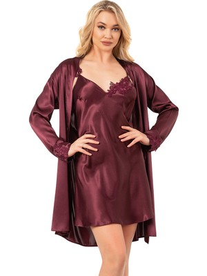 Ahu Kadın Saten Dantel Detay Mini Gecelik Sabahlık Takım | Mürdüm 7807
