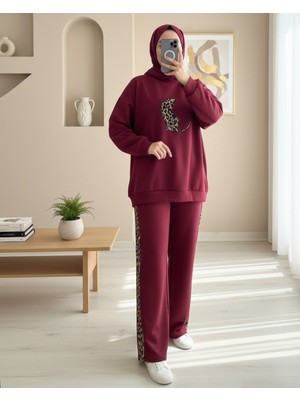 Moda Morfo Leopar Figürlü Ve Desenli Pantolonlu Scuba Takım  -Bordo