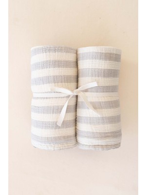 Barine Çizgili İnce Müslin Bebek Örtüsü 2'li Set 100x100 cm Gri