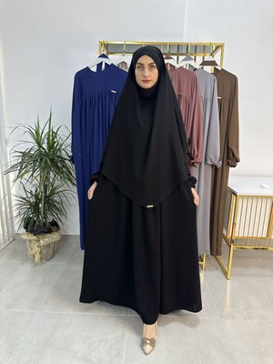 Erasra Class Ferace & Abaya Sufle  Esarp ve Üsten Robalı Kemerli  Elbise Takım .hac ve Umre Için Uygundur Siyah