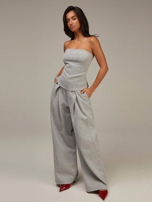 Afri Kadın Gri 2 Iplik Straplez Büstiyer ve Geniş Paça Pileli Pantolon Takım - Premium Lounge Set