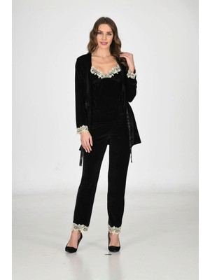 Sistina Storozde Siyah Kadife Sabahlık & Gecelik Takım 3' Lü - 1441 - Beden Xl