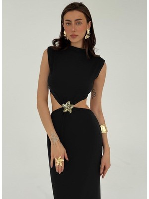 Afri Siyah Cut-Out Detaylı Kolsuz Uzun Elbise - Gece Şıklığı ve Davet Elbisesi