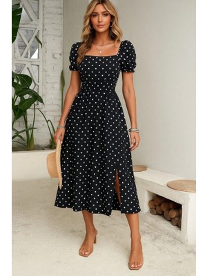 Veralya Kadın Kısa Kollu Geometrik Yaka Yırtmaçlı Puantiyeli Midi Örme Krep Elbise