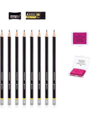 KarmaOfis Eskiz Kalem (Hb, B, 2b, 3b, 4b, 5b, 6b, 8b) ve Pembe Hamur Silgi