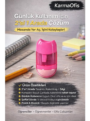 KarmaOfis Pembe 2’si 1 Arada Kalemtraş ve Silgi | Kompakt Kalemtraş Silgili | Okul & Ofis Kullanımı