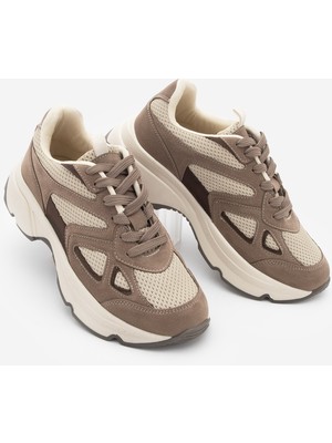 Marjin Kadın Sneaker Yüksek Kalın Taban Çok Parçalı Bağcıklı Spor Ayakkabı Volina Vizon Süet