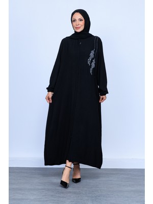 Oktayusta Collection Yaprak Taş Işleme Detaylı Tam Boy Gizli Patlı Siyah Ferace