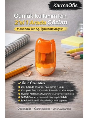 KarmaOfis Turuncu 2’si 1 Arada Kalemtraş ve Silgi | Kompakt Kalemtraş Silgili | Okul&ofis Kullanımı