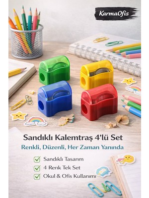 KarmaOfis Sandıklı Kalemtraş 4’lü Set | Renkli Kalemtraş | Dökülmez Tasarım | Okul & Ofis Kullanımı