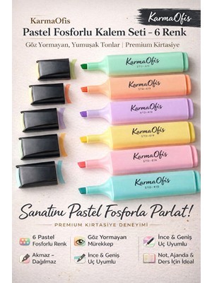 KarmaOfis Pastel Fosforlu Kalem Seti 6 Renk | Göz Yormayan Mürekkep | Akmaz Dağılmaz