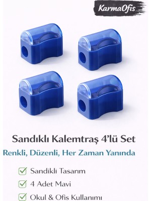 KarmaOfis Sandıklı Kalemtraş Mavi 4’lü Set | Renkli Kalemtraş | Dökülmez Tasarım | Okul & Ofis Kullanımı