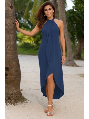 Veralya Kadın Omuzlardan Açık Boyundan Geçmeli Asimetrik Kesim Detaylı Viskon Elbise