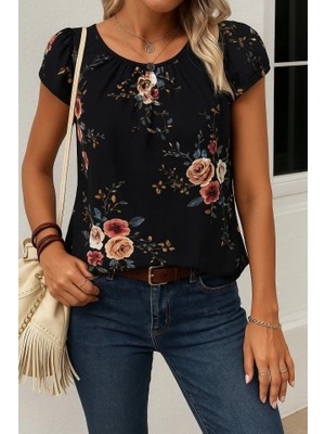 Veralya Kadın Kısa Kollu Bisiklet Yaka Çiçek Baskılı Süprem Bluz