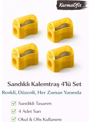 KarmaOfis Sandıklı Kalemtraş Sarı 4’lü Set | Renkli Kalemtraş | Dökülmez Tasarım | Okul & Ofis Kullanımı