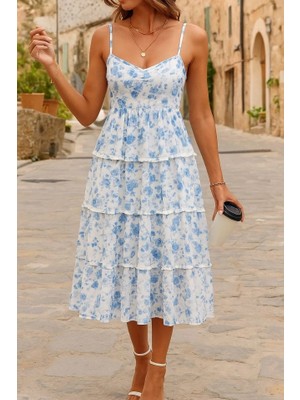 Veralya Kadın Sıfır Kol Askılı Dekolteli Yırtmaç Detay Çiçek Baskılı Süprem Midi Elbise