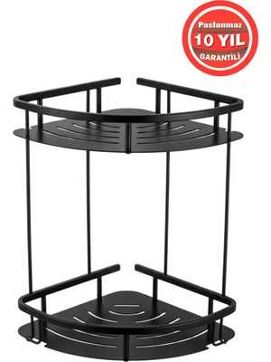 Banyom Home Mat Siyah Paslanmaz Pirinç 2'li Marin Şampuanlık Banyo Rafı