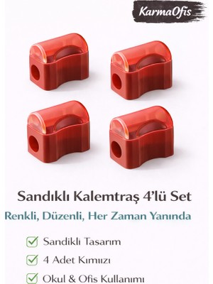 KarmaOfis Sandıklı Kalemtraş Kırmızı 4’lü Set | Renkli Kalemtraş | Dökülmez Tasarım | Okul & Ofis Kullanımı