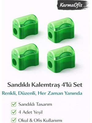 KarmaOfis Sandıklı Kalemtraş Yeşil 4’lü Set | Renkli Kalemtraş | Dökülmez Tasarım | Okul & Ofis Kullanımı