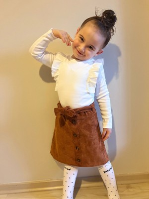 Kids Çocuk Yeni Sezon Kız Çocuk Fırfırlı Uzun Kollu Bluz & Kadife Etek Takım